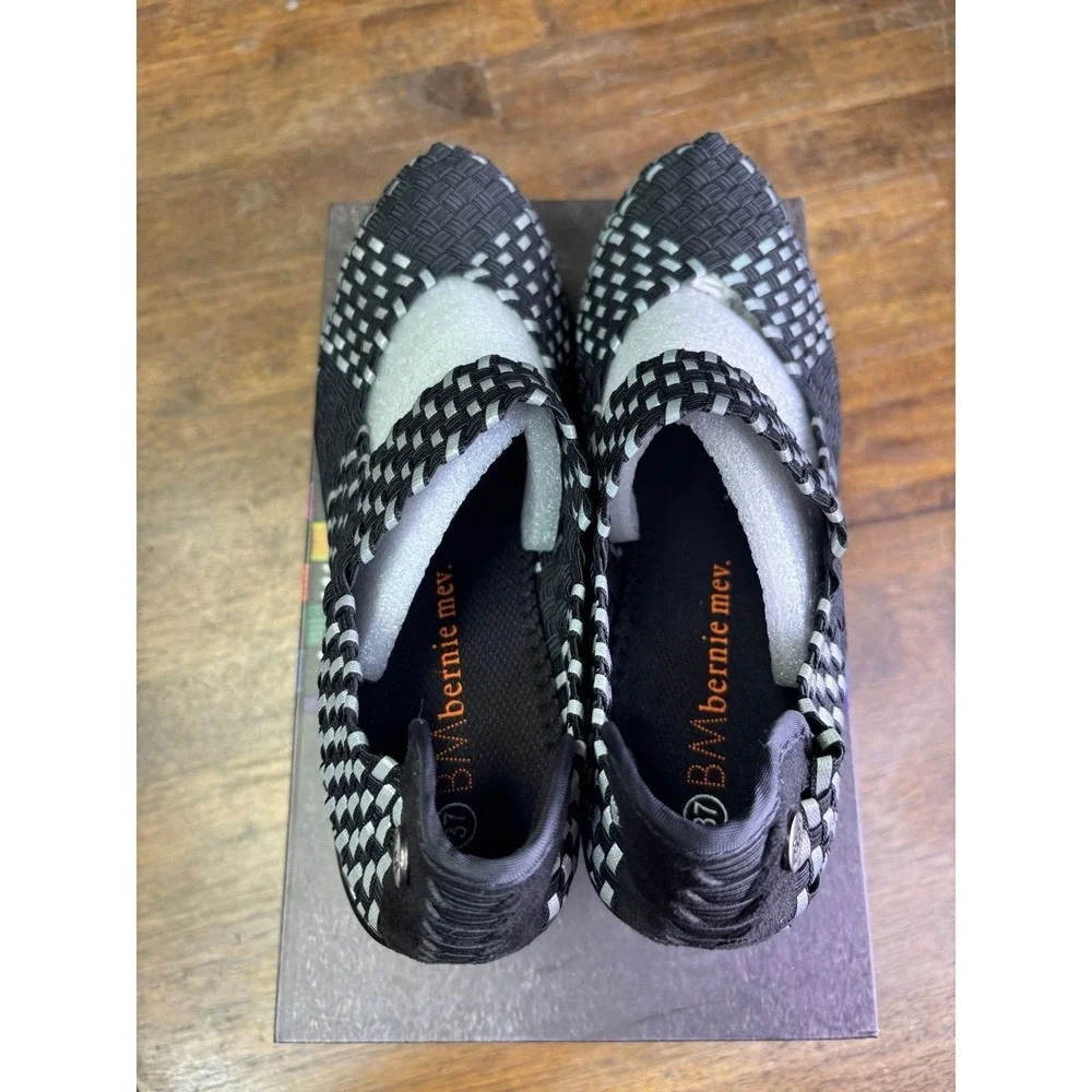 Bernie Mev Lulia Black Reflective Woven Wedge Shoes Size 37 US 6.5-7